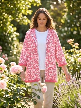 Christopher & Banks Floral Hooded Zip Cardigan Sweater XL 100% Cotton Pink